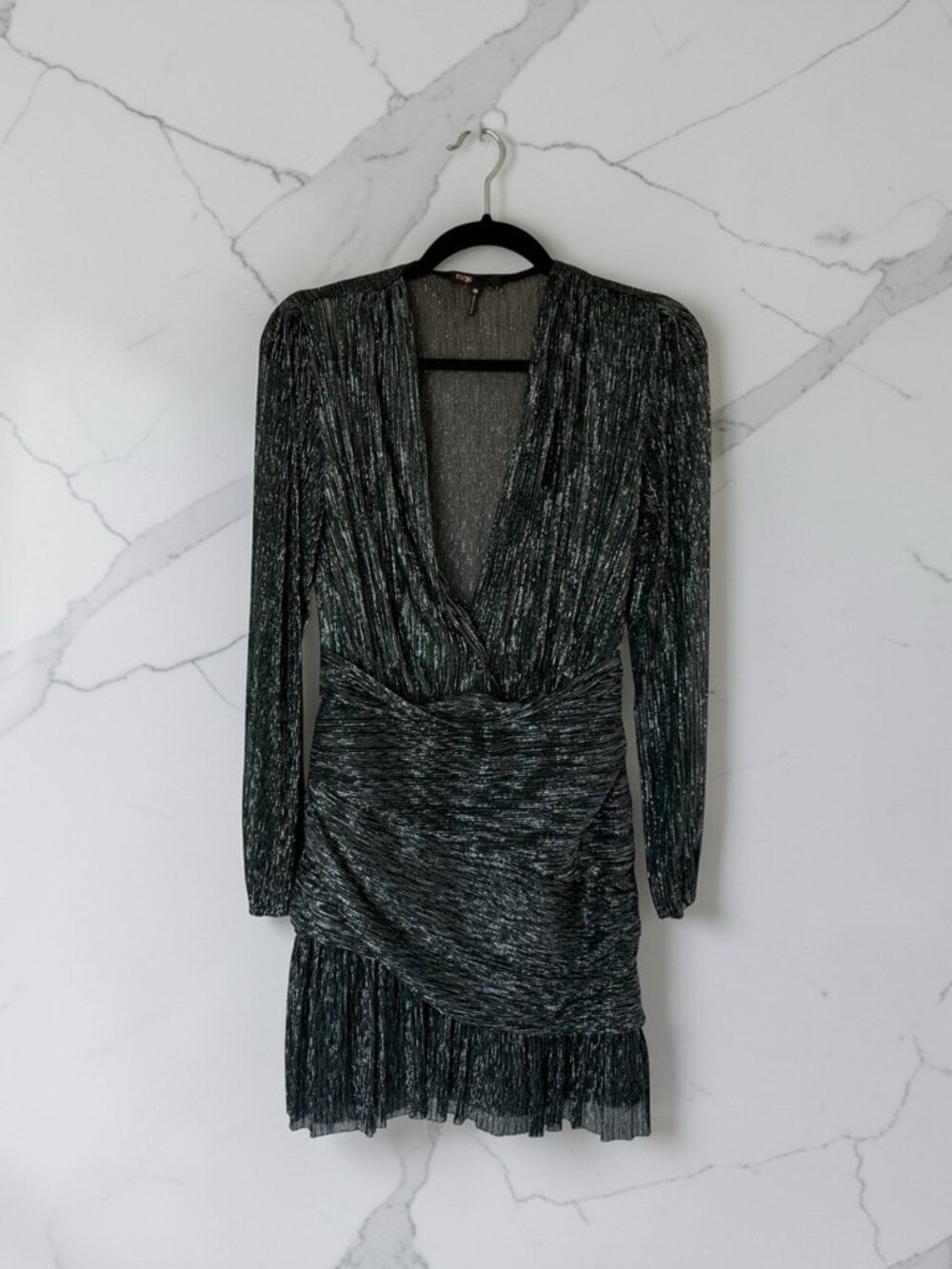 Maje Draped Lurex Mini Dress Green Metallic FR 36 US 4 - Picture 2 of 6